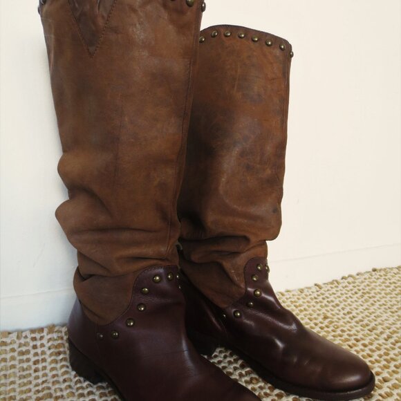 Tall Brown Leather Slouch Boots Knee High - Picture 3 of 8
